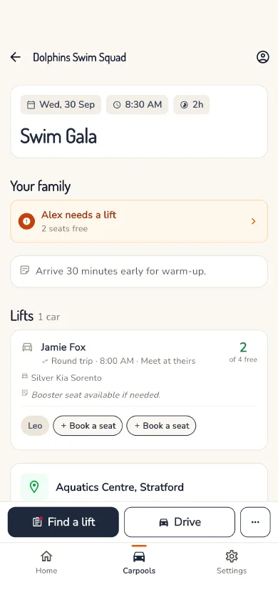 Jamie's car on an event, with two Book a seat buttons, and Alex marked as needing a lift