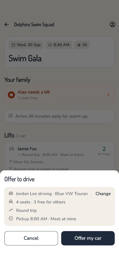The Offer to drive sheet: car, seats, round trip and pickup time