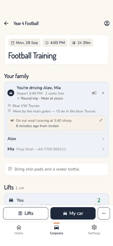 The driver's card: You're driving Alex and Mia, with the message "On our way! Leaving at 3:40 sharp."
