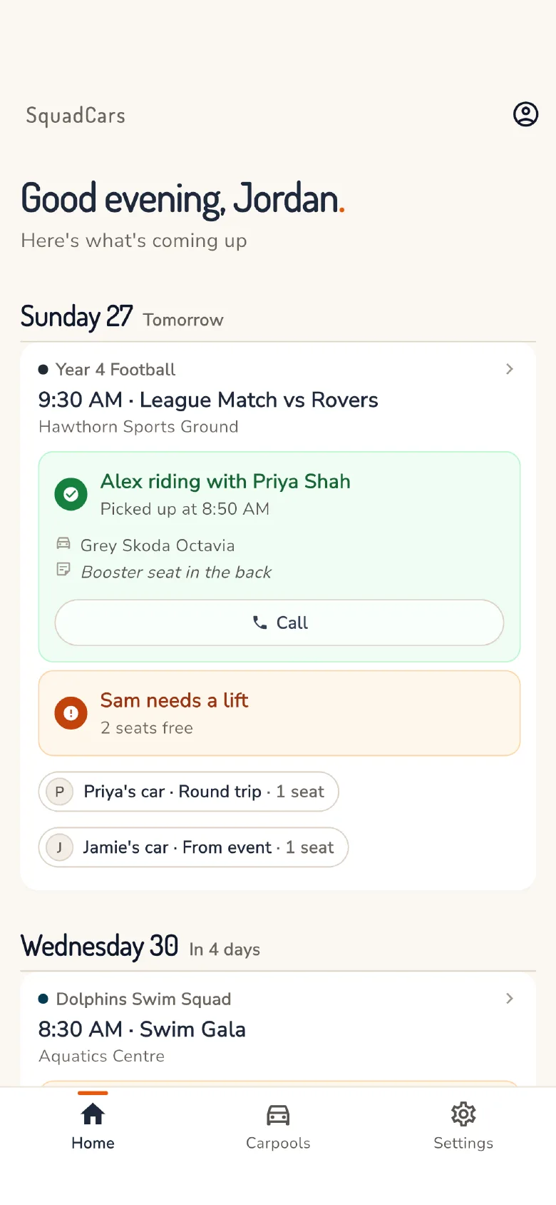 The SquadCars home screen: tomorrow's match, with one child riding with another parent and a second still needing a lift