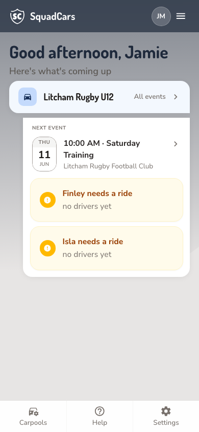 The SquadCars home screen showing a parent's carpools and the next event for each