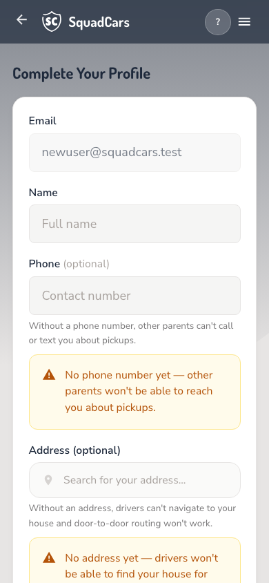 Profile setup form